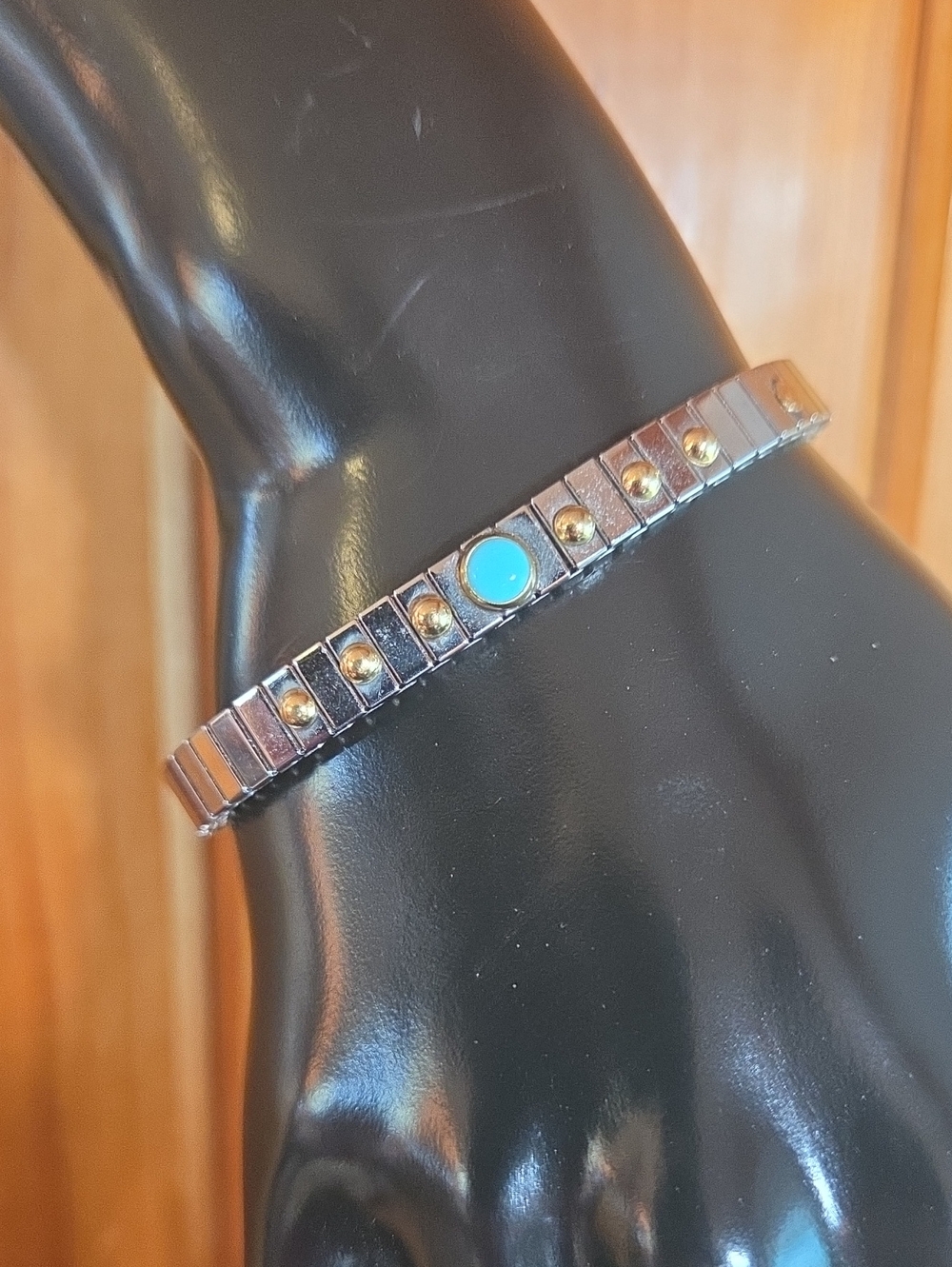 Vintage Zoppini Stainless Steel 18K Gold & Turquoise Stretch Bracelet